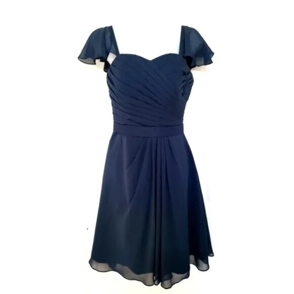 NAVY Blue Chiffon A-line Cap Sleeves Knee Length evening Dress - Picture 9 of 9